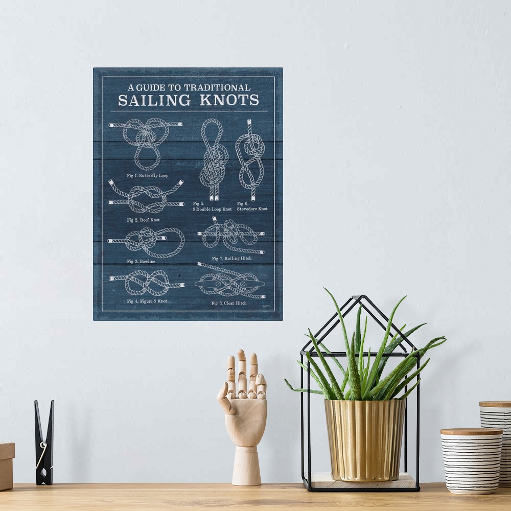 A bohemian room featuring "A guide To Traditional Sailing Knots" Diagram of various sailing knots on a textured blue backgr...