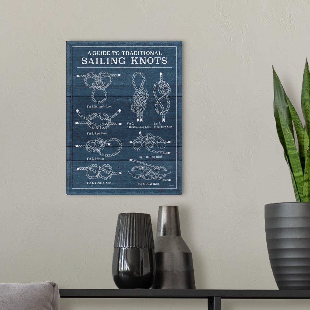 A modern room featuring "A guide To Traditional Sailing Knots" Diagram of various sailing knots on a textured blue backgr...