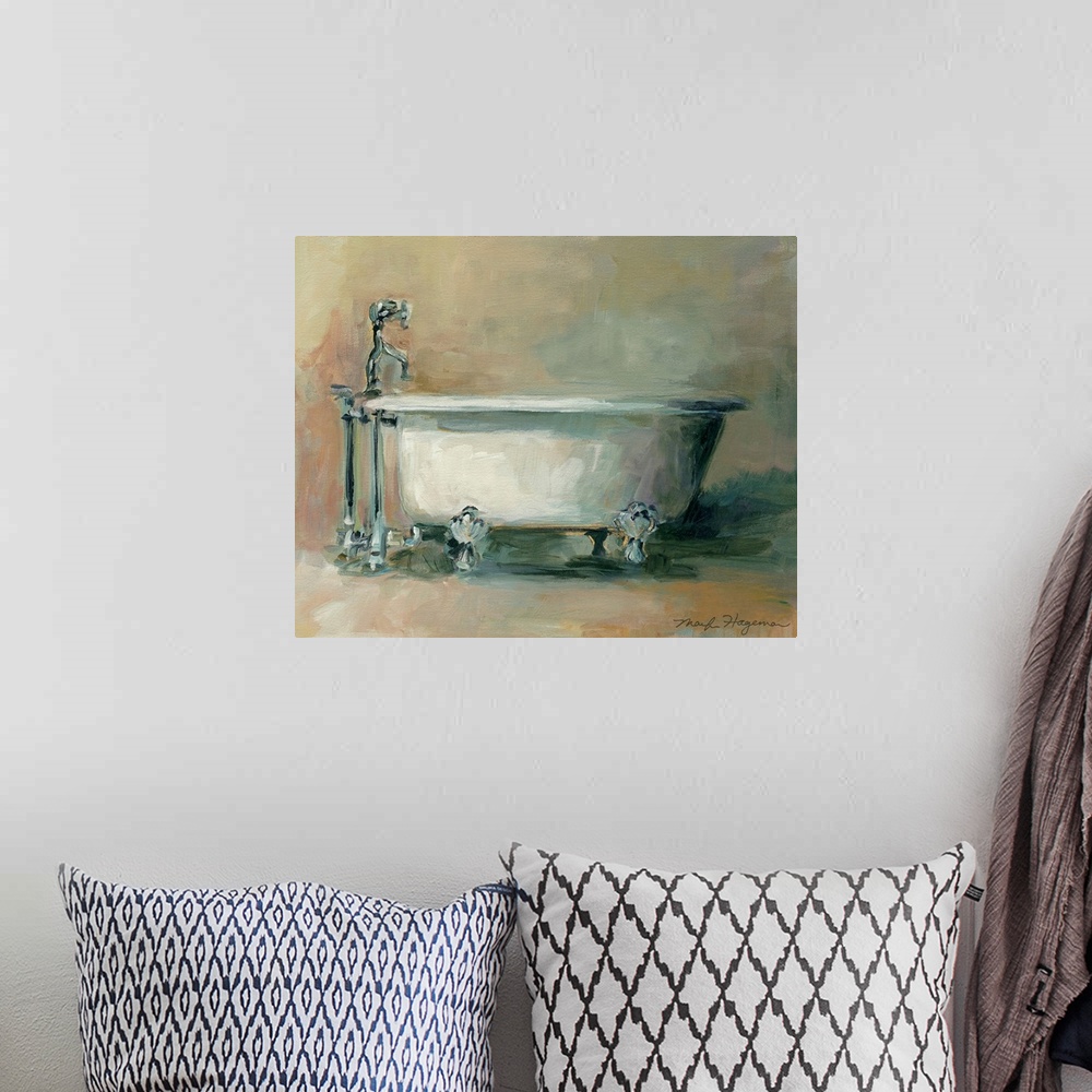 A bohemian room featuring Classic painting of antique tub. Thick brush strokes oriented in every direction are visible.