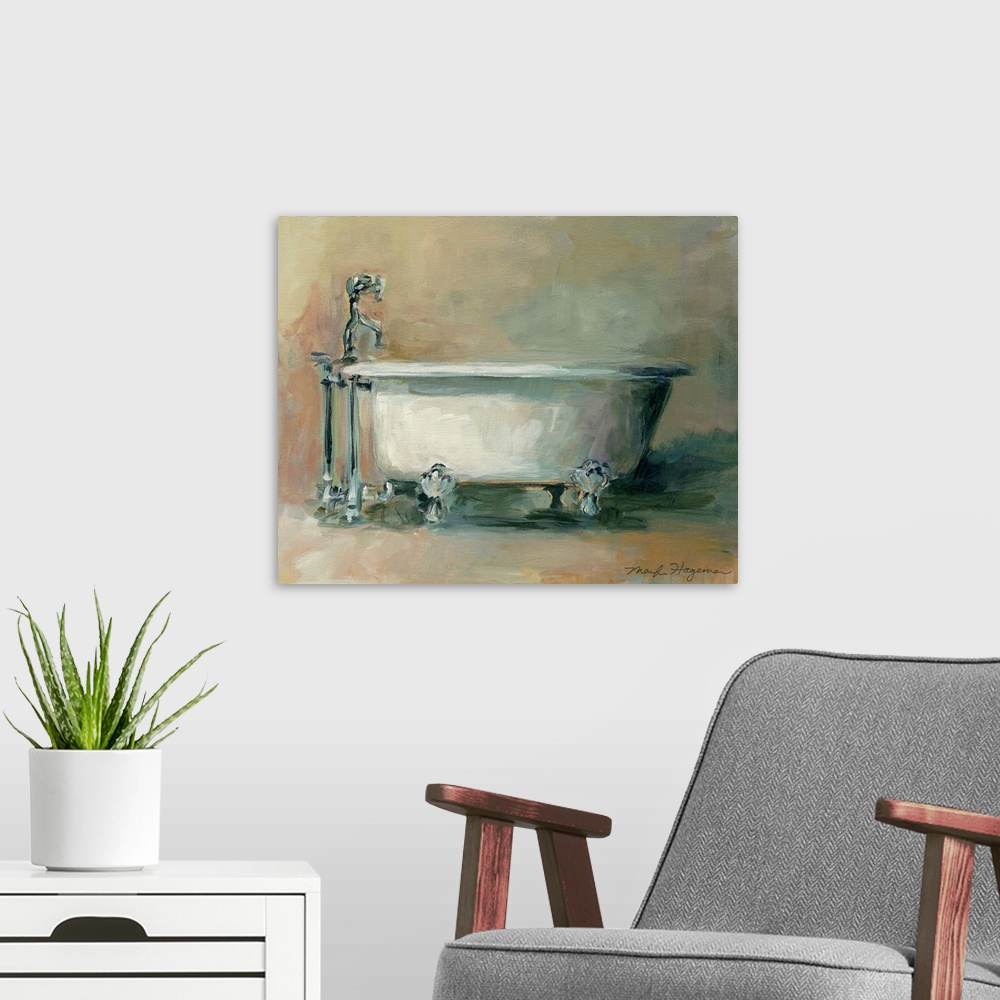 A modern room featuring Classic painting of antique tub. Thick brush strokes oriented in every direction are visible.