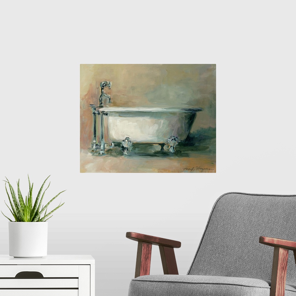 A modern room featuring Classic painting of antique tub. Thick brush strokes oriented in every direction are visible.