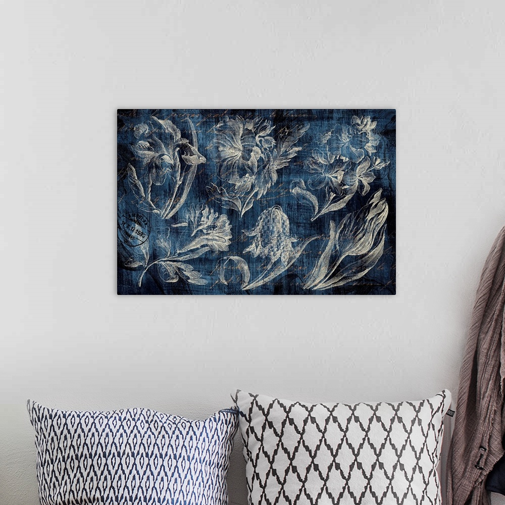 A bohemian room featuring Vintage Tulip Floral Etching Indigo