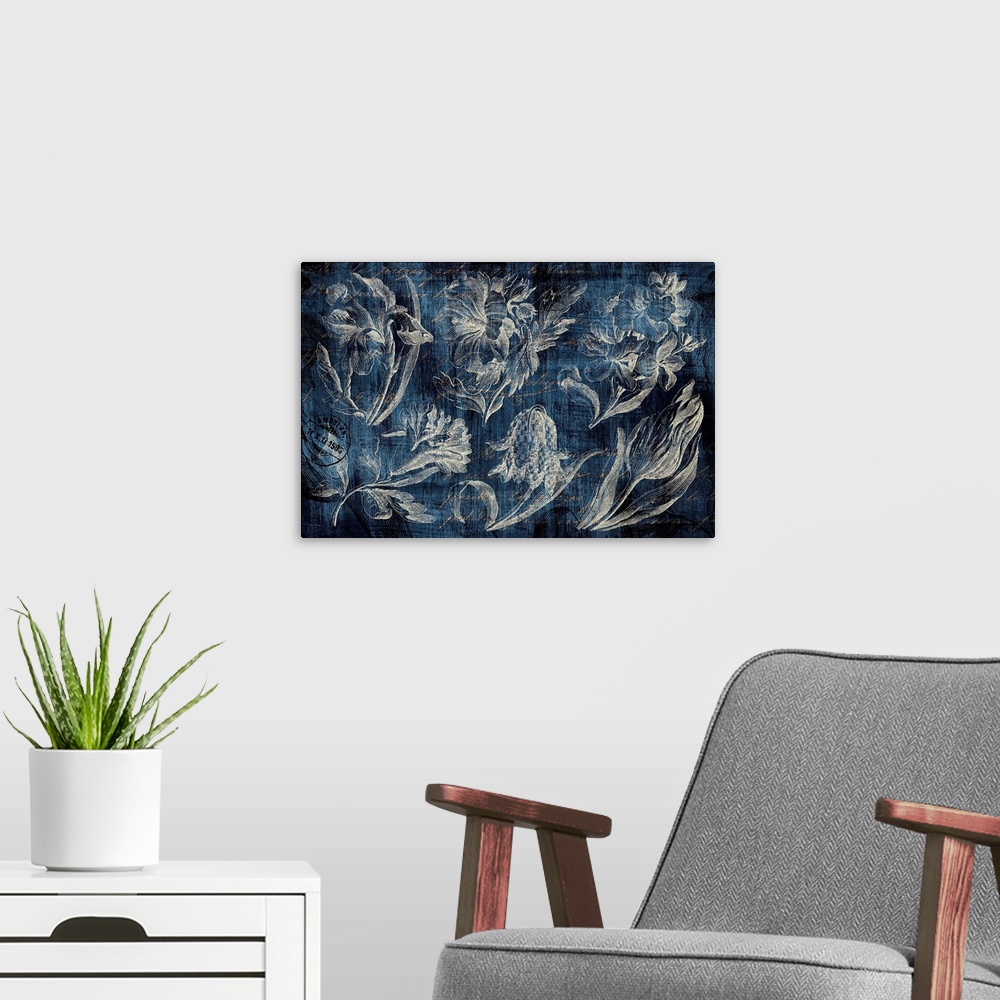 A modern room featuring Vintage Tulip Floral Etching Indigo