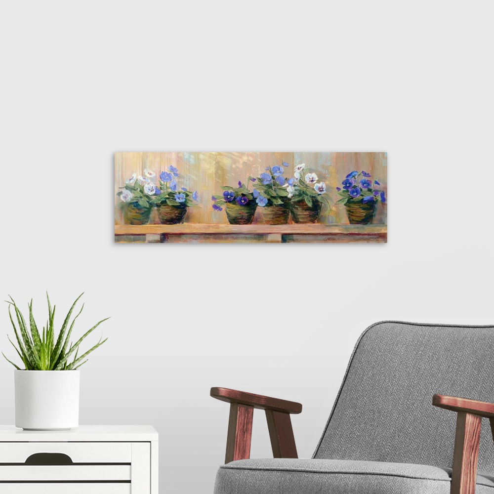 A modern room featuring Panoramic floral art shows six potted flowers of varying color as they sit quietly on a shelf.