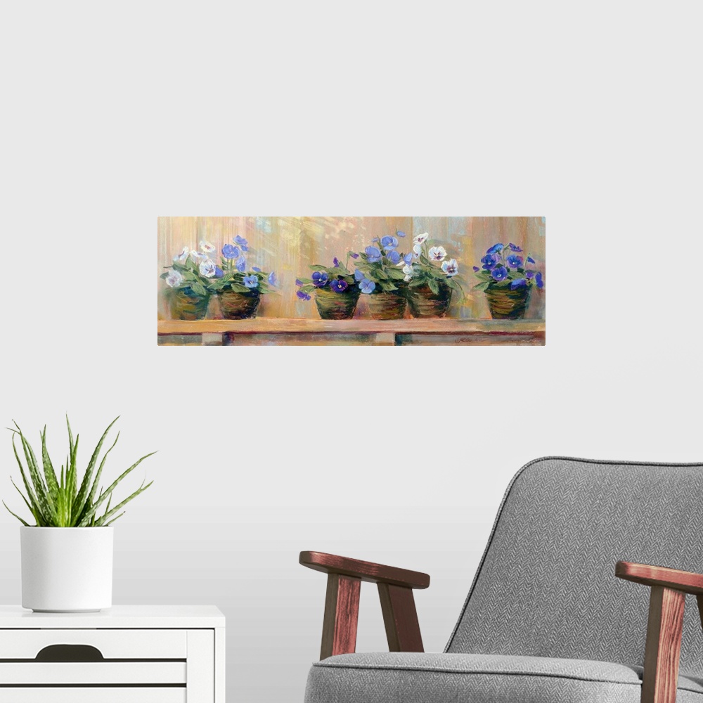 A modern room featuring Panoramic floral art shows six potted flowers of varying color as they sit quietly on a shelf.