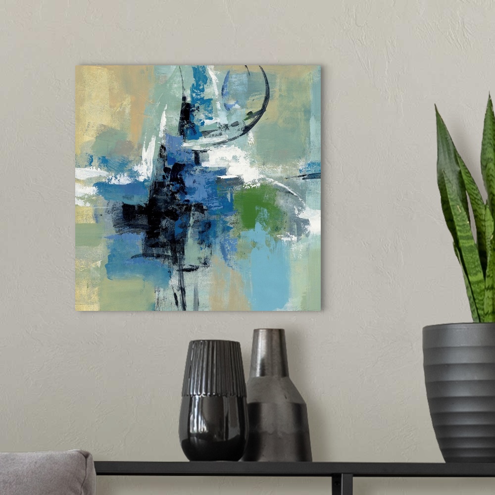 A modern room featuring Square abstract painting with cool tones and layers of brushstrokes becoming dense in the center ...