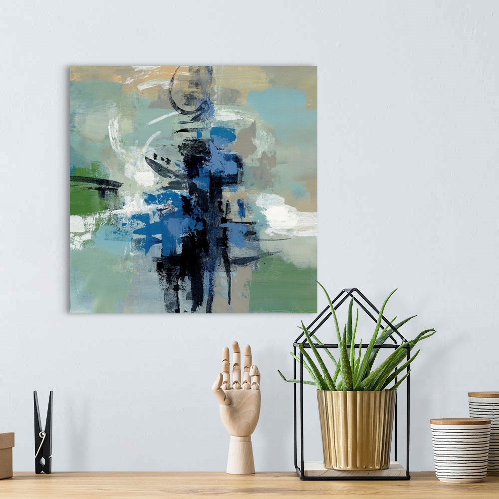 A bohemian room featuring Square abstract painting with cool tones and layers of brushstrokes becoming dense in the center ...