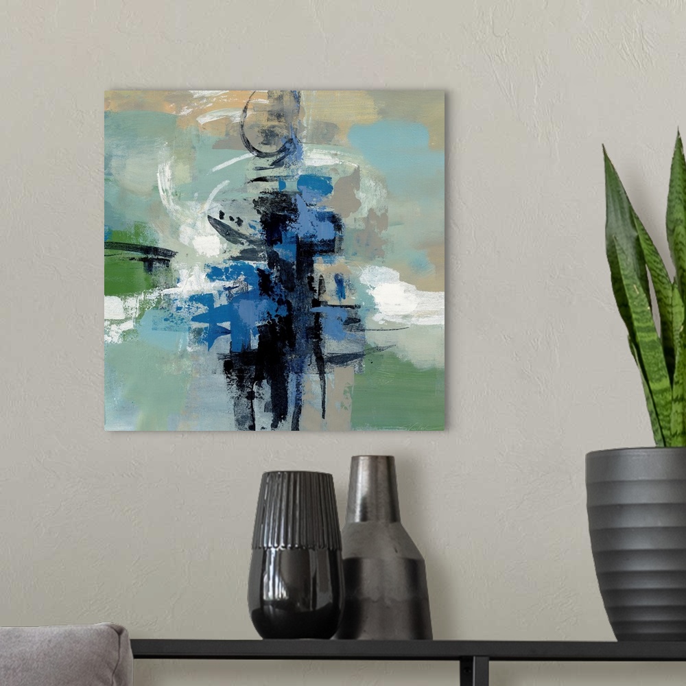 A modern room featuring Square abstract painting with cool tones and layers of brushstrokes becoming dense in the center ...