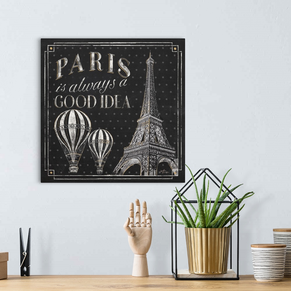 A bohemian room featuring Square chalkboard sketch with the phrase "Paris is Always a Good Idea" and an illustration of the...