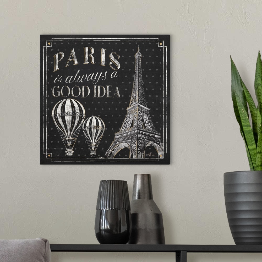 A modern room featuring Square chalkboard sketch with the phrase "Paris is Always a Good Idea" and an illustration of the...