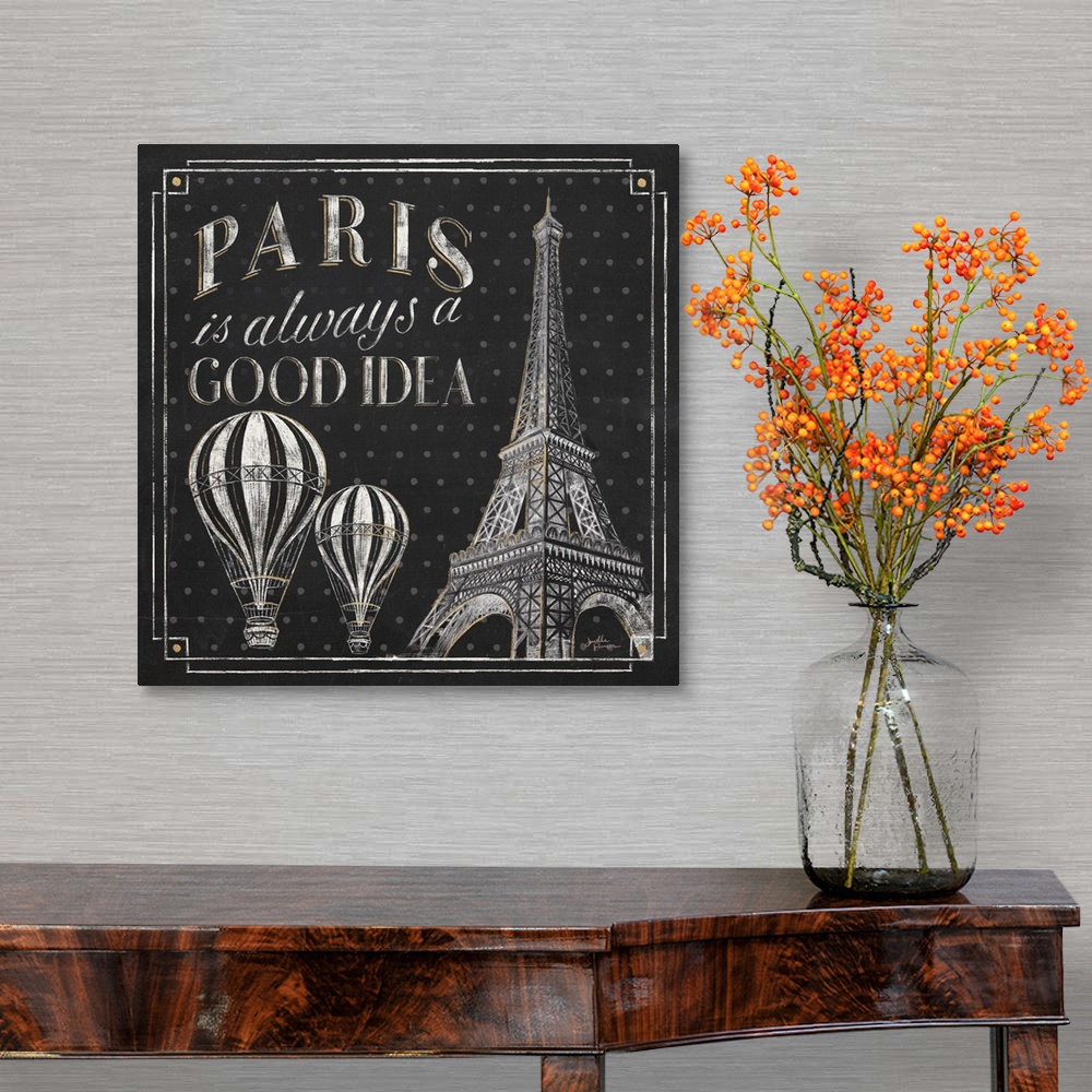 A traditional room featuring Square chalkboard sketch with the phrase "Paris is Always a Good Idea" and an illustration of the...