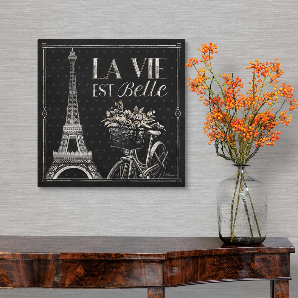 A traditional room featuring Square chalkboard sketch with the phrase "La Vie Est Belle" and an illustration of the Eiffel Tow...