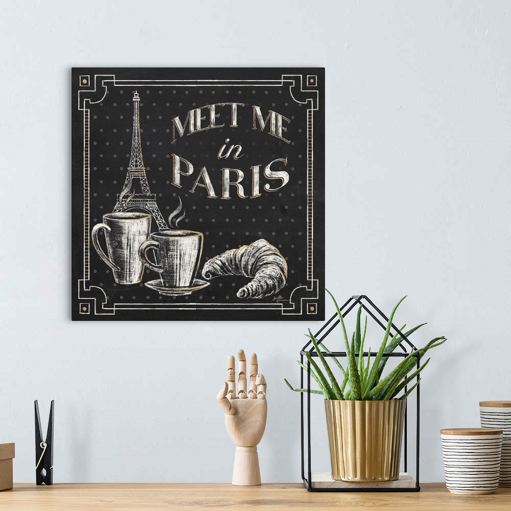 A bohemian room featuring Square chalkboard sketch with the phrase "Meet Me in Paris" and an illustration of the Eiffel Tow...