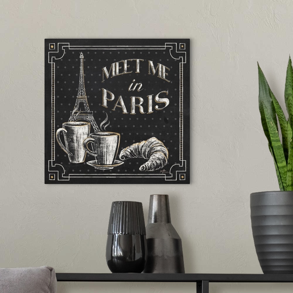A modern room featuring Square chalkboard sketch with the phrase "Meet Me in Paris" and an illustration of the Eiffel Tow...