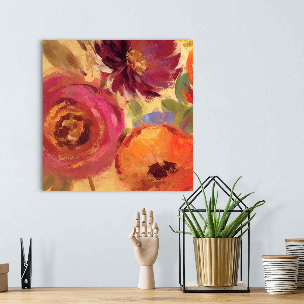 A bohemian room featuring Contemporary painting of flowers close-up in the frame of the image.