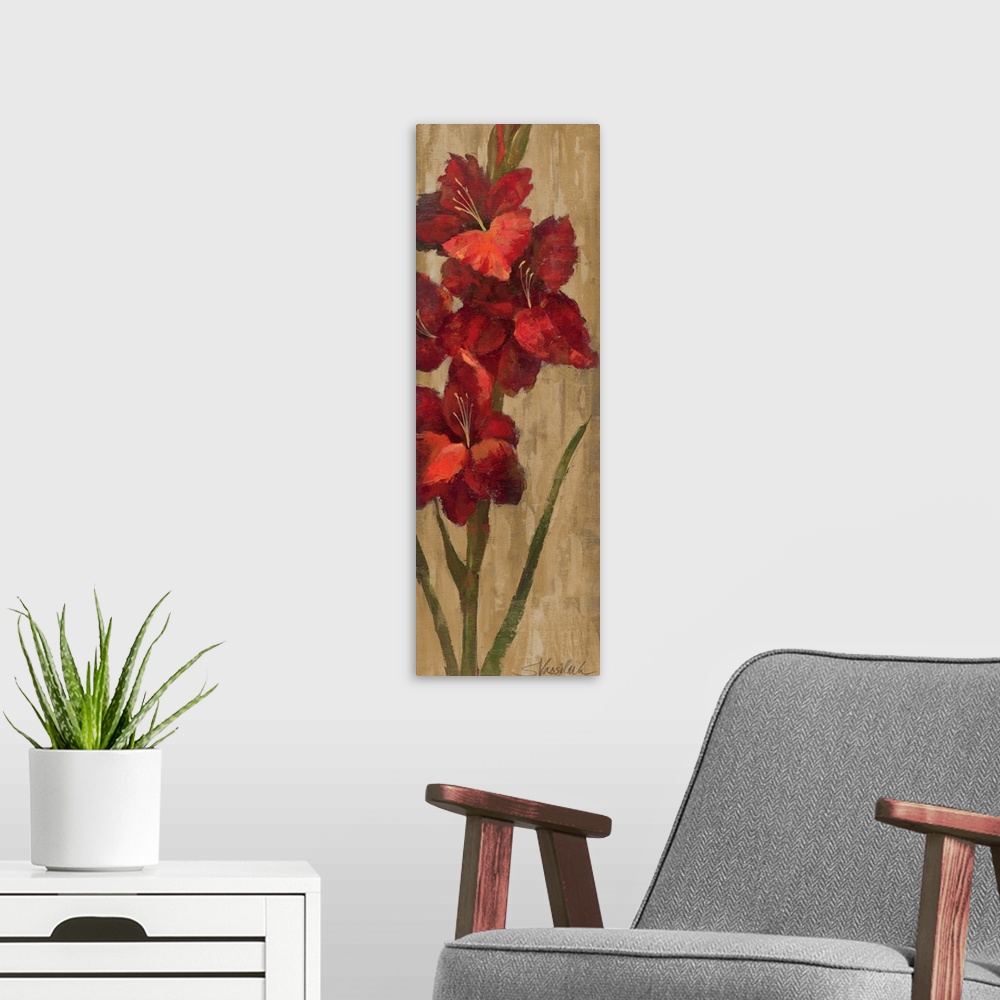 A modern room featuring Large flowers are painted on a thin vertical piece with a neutral background.