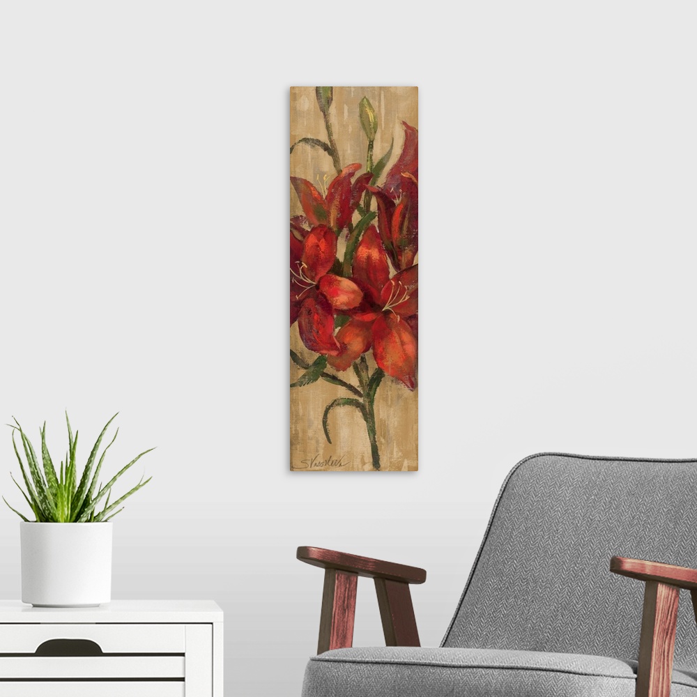 A modern room featuring A long vertical piece of artwork perfect for the home of large red lilies on a neutral colored ba...