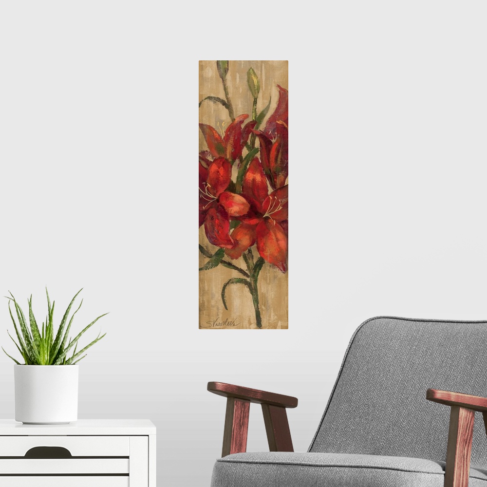 A modern room featuring A long vertical piece of artwork perfect for the home of large red lilies on a neutral colored ba...