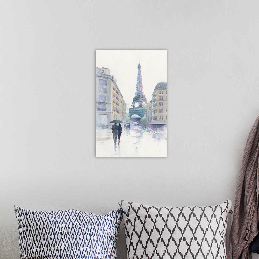 A bohemian room featuring Contemporary artwork featuring soft romantic hues of a Parisian scene.