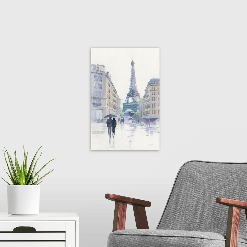 A modern room featuring Contemporary artwork featuring soft romantic hues of a Parisian scene.