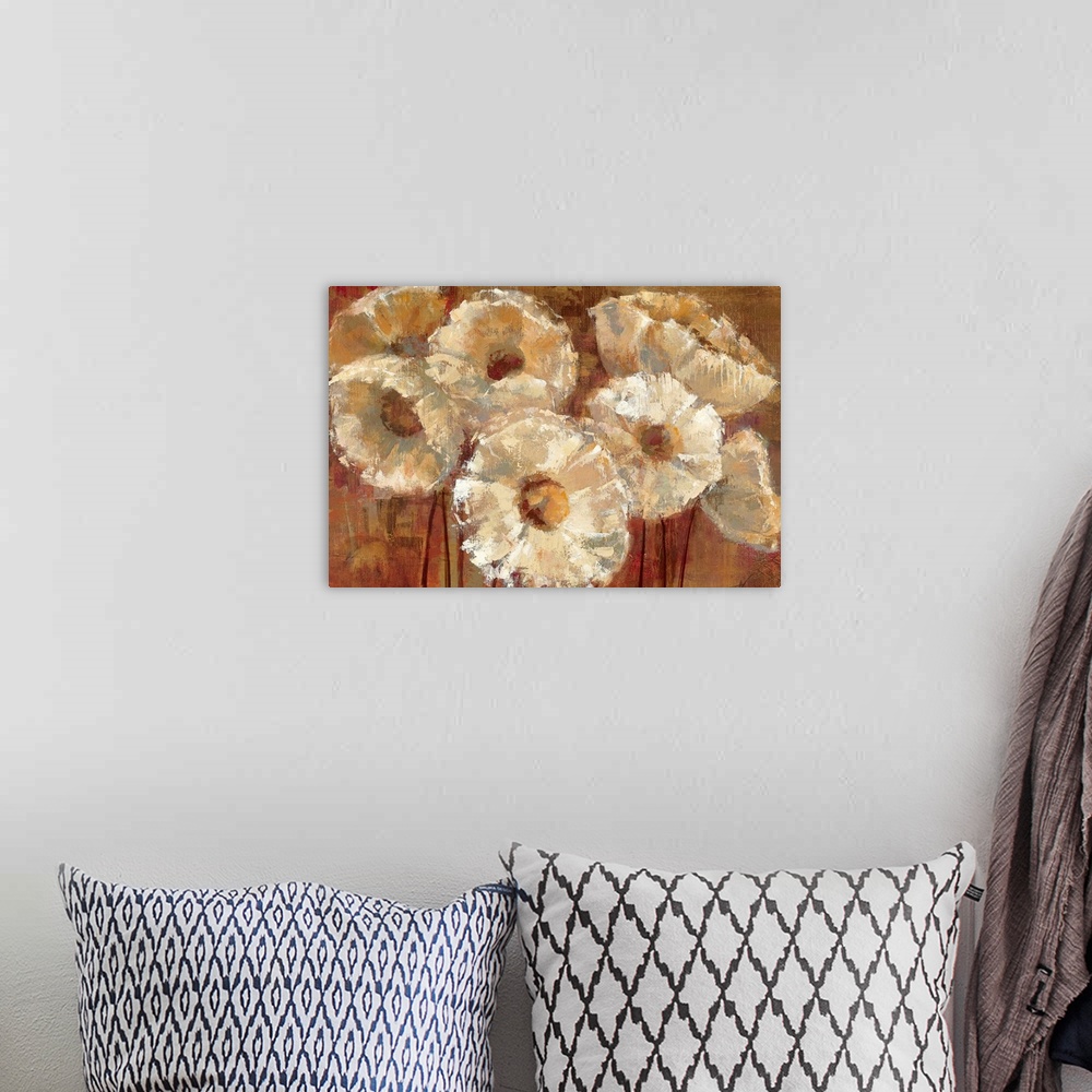 A bohemian room featuring A horizontal painting of abstract flowers; the petals are defined by high lights and shadows crea...