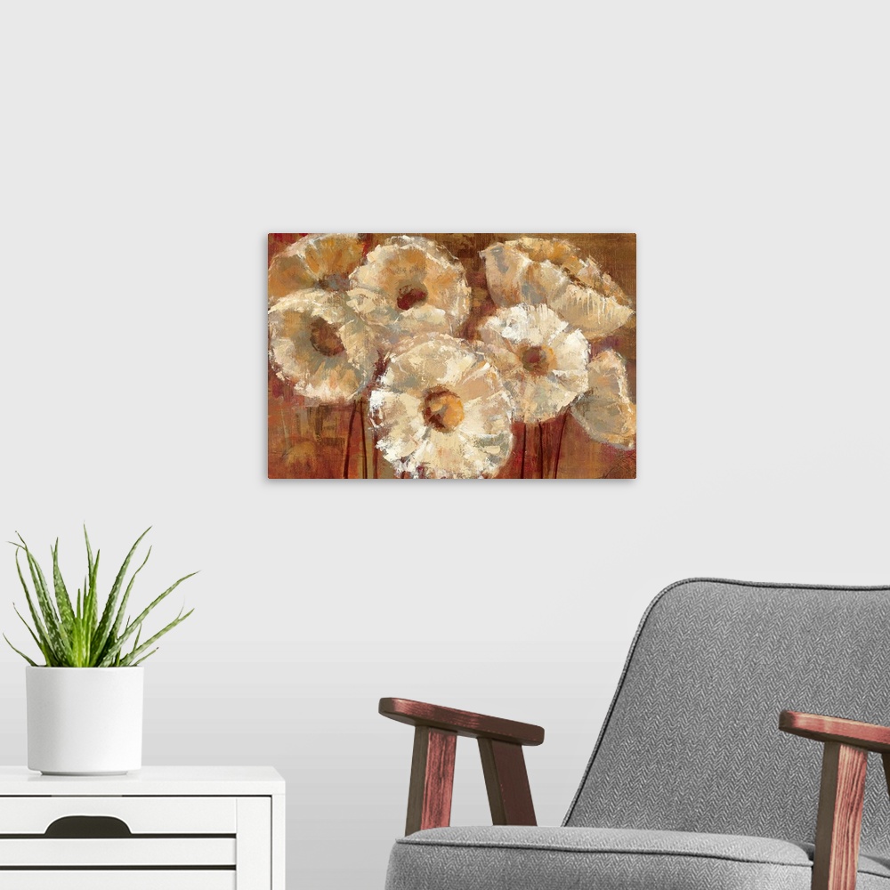 A modern room featuring A horizontal painting of abstract flowers; the petals are defined by high lights and shadows crea...