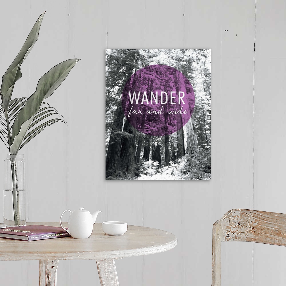 A farmhouse room featuring A photography of a forest with an inspirational saying against it.