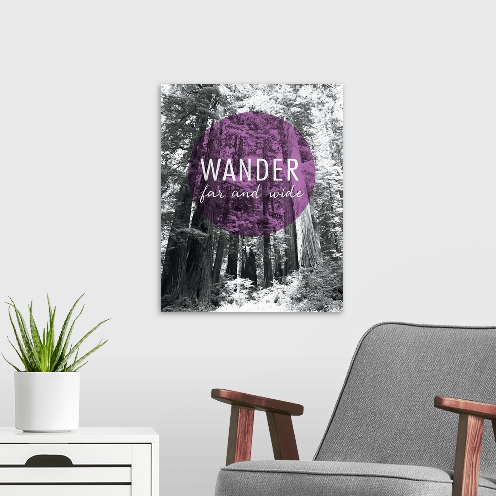 A modern room featuring A photography of a forest with an inspirational saying against it.
