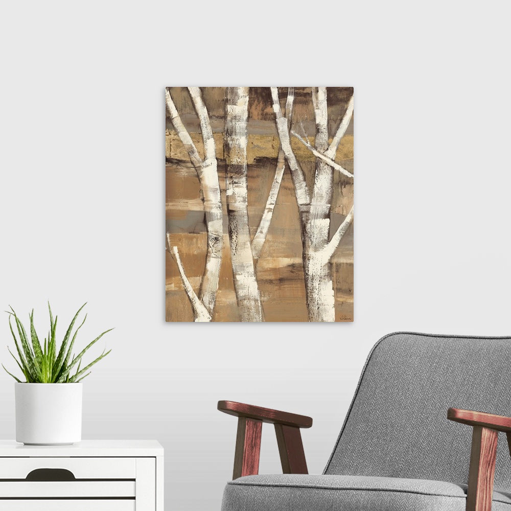 A modern room featuring Wandering Through the Birches I