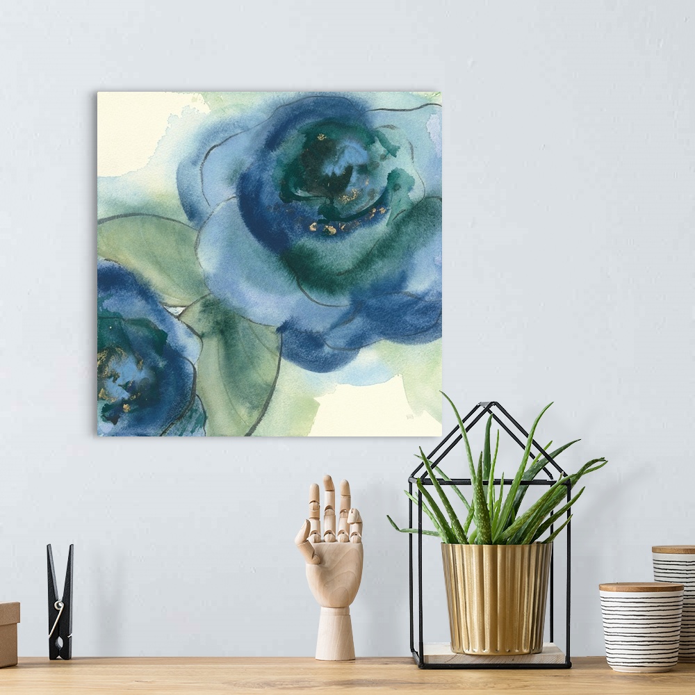A bohemian room featuring Square painting of two poppy flowers made with blue and green tones on a white background with wa...