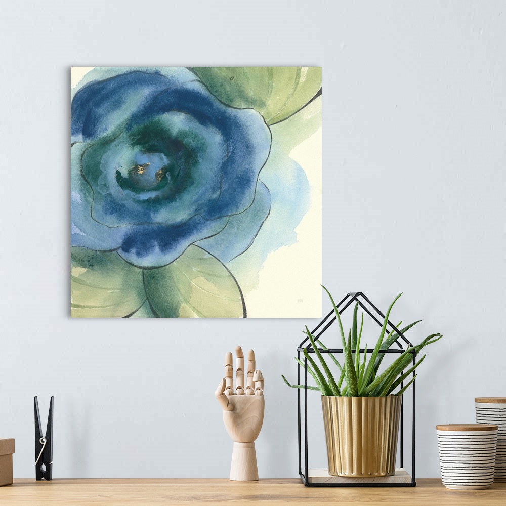 A bohemian room featuring Square painting of a poppy flower made with blue and green tones on a white background with water...