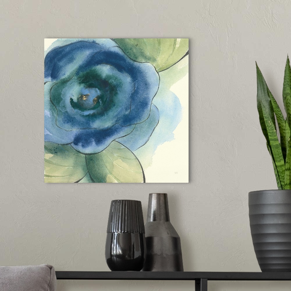 A modern room featuring Square painting of a poppy flower made with blue and green tones on a white background with water...