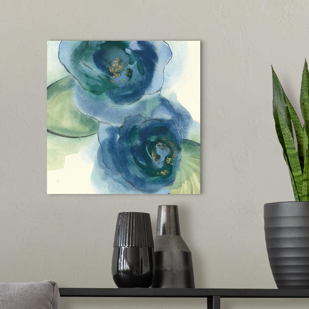 A modern room featuring Square painting of two poppy flowers made with blue and green tones on a white background with wa...
