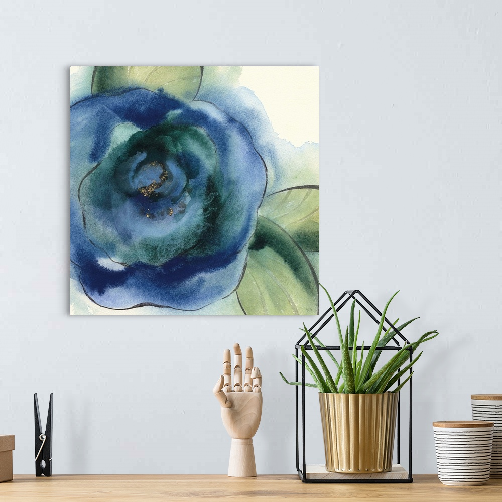 A bohemian room featuring Square painting of a poppy flower made with blue and green tones on a white background with water...