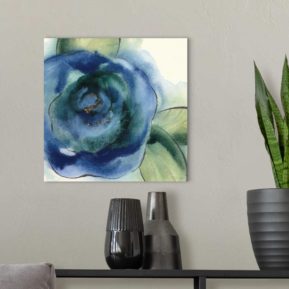 A modern room featuring Square painting of a poppy flower made with blue and green tones on a white background with water...