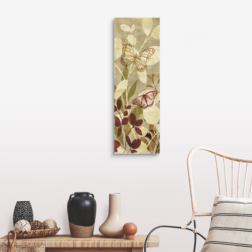 A farmhouse room featuring Contemporary artwork of butterfly outlines against a background of flowers and plants.