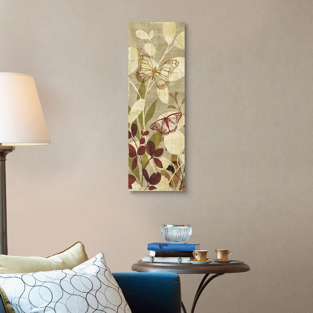 A traditional room featuring Contemporary artwork of butterfly outlines against a background of flowers and plants.
