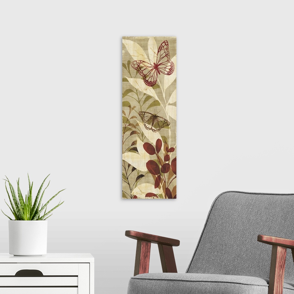 A modern room featuring Contemporary artwork of butterfly outlines against a background of flowers and plants.