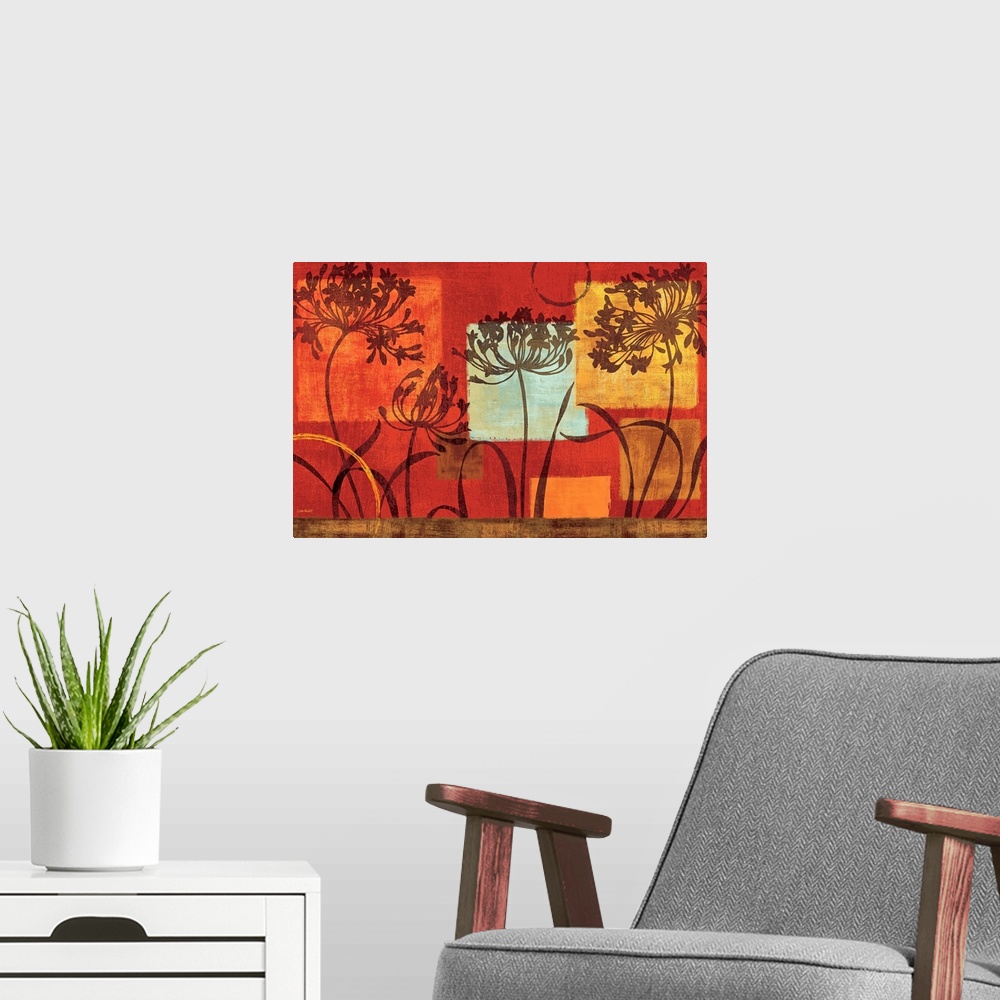 A modern room featuring Giant, horizontal home art docor.  Four dark flowers in front of squares of various sizes and col...