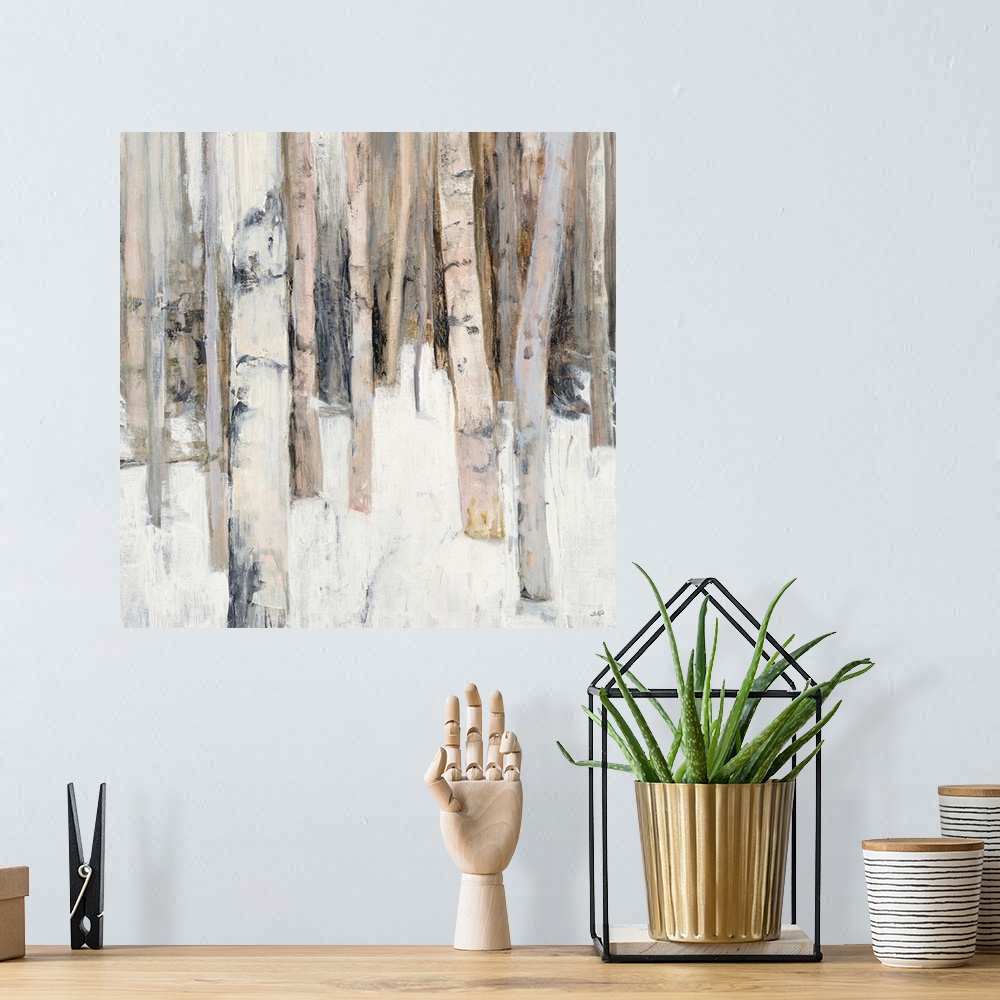 A bohemian room featuring Square abstract painting of birch trees in the woods covered in snow with warm tones.