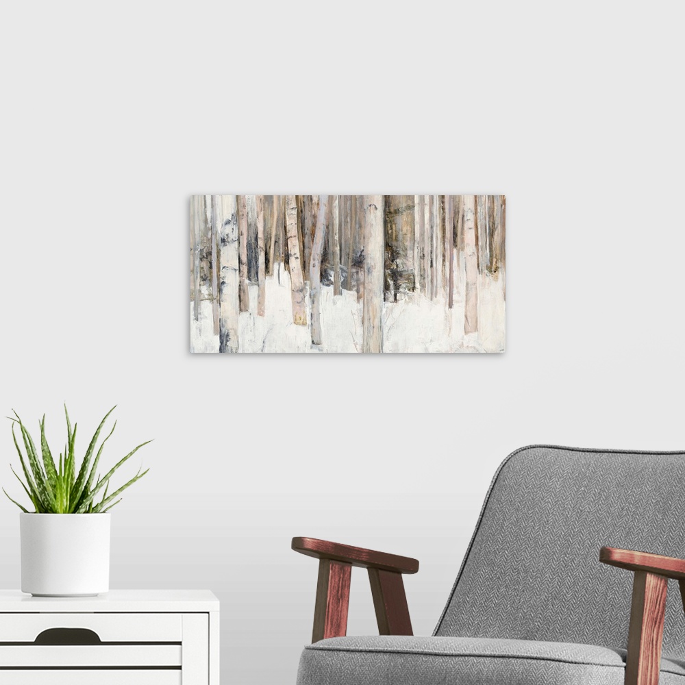 A modern room featuring Abstract painting of birch trees in the woods covered in snow with warm tones.