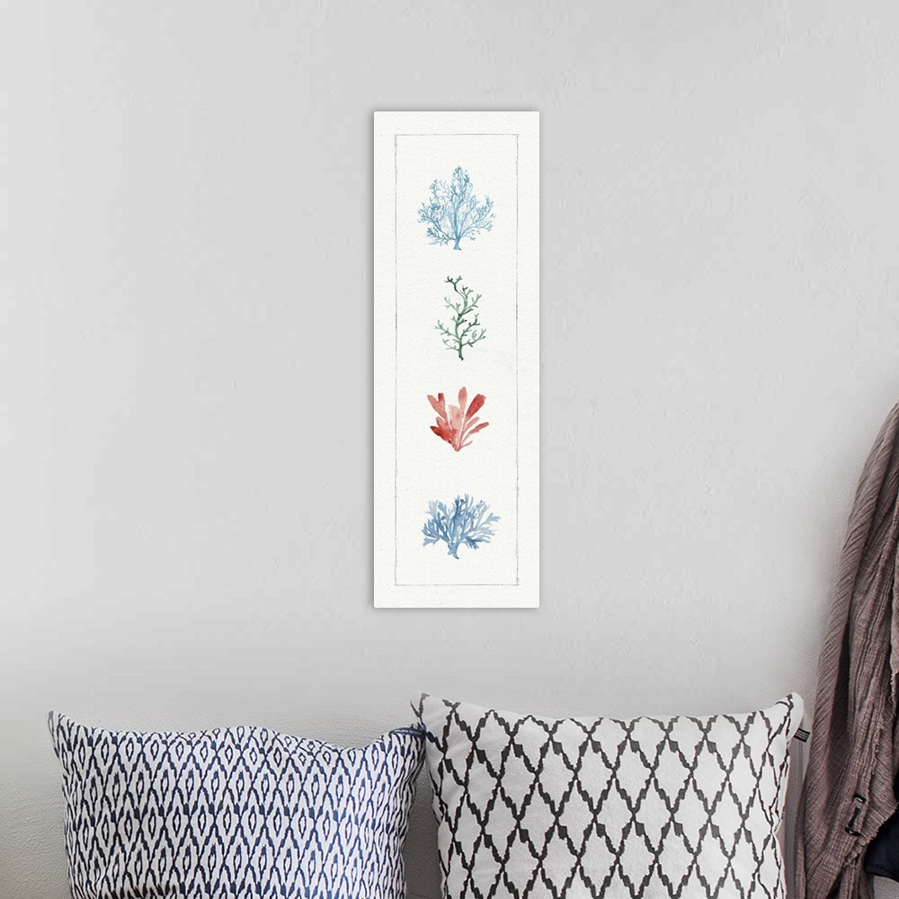 A bohemian room featuring Tall, rectangular watercolor painting of coral.