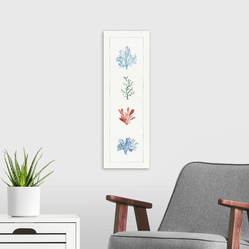 A modern room featuring Tall, rectangular watercolor painting of coral.