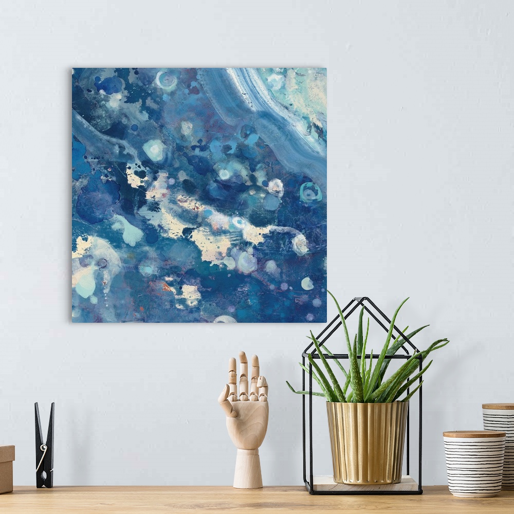 A bohemian room featuring Contemporary abstract painting resembling crashing ocean waves.