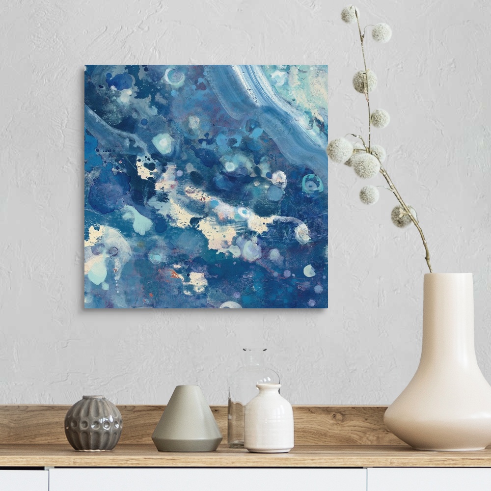 A farmhouse room featuring Contemporary abstract painting resembling crashing ocean waves.