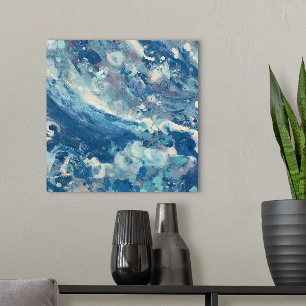 A modern room featuring Contemporary abstract painting resembling crashing ocean waves.
