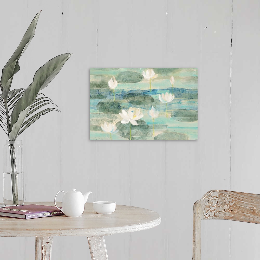 A farmhouse room featuring Large abstract painting of white lilies and green lily pads floating in water made with shades of...