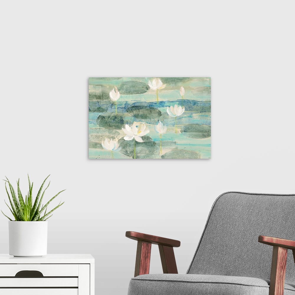 A modern room featuring Large abstract painting of white lilies and green lily pads floating in water made with shades of...