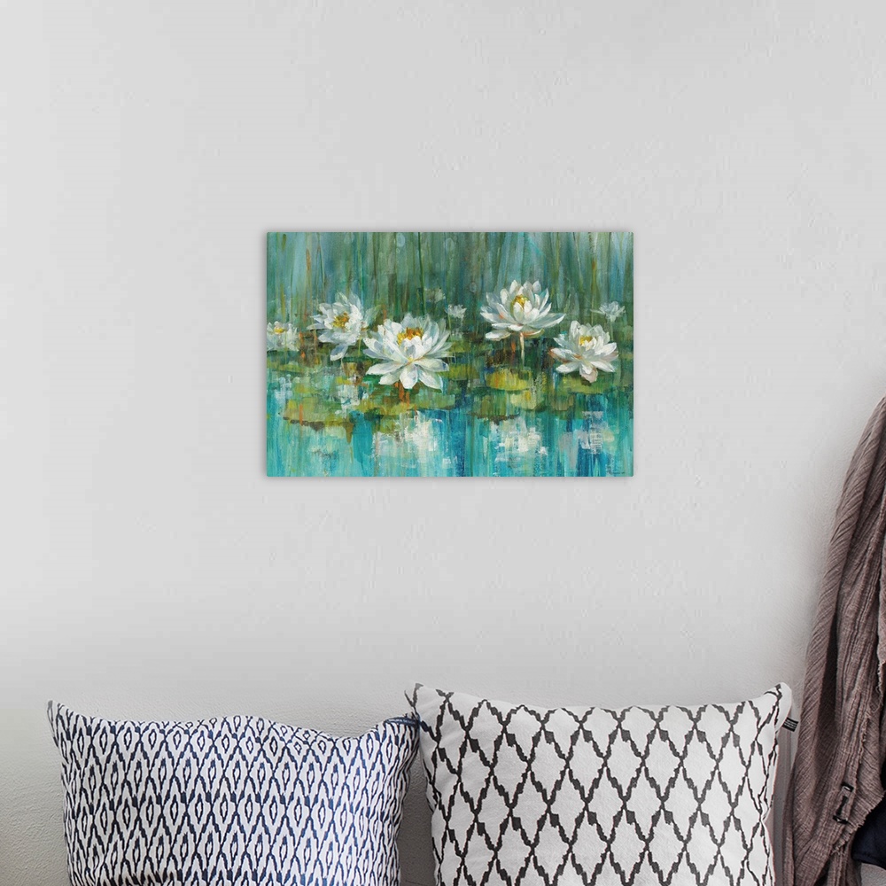 A bohemian room featuring Contemporary abstract painting of water lilies in a pond with beautiful blue and green hues.