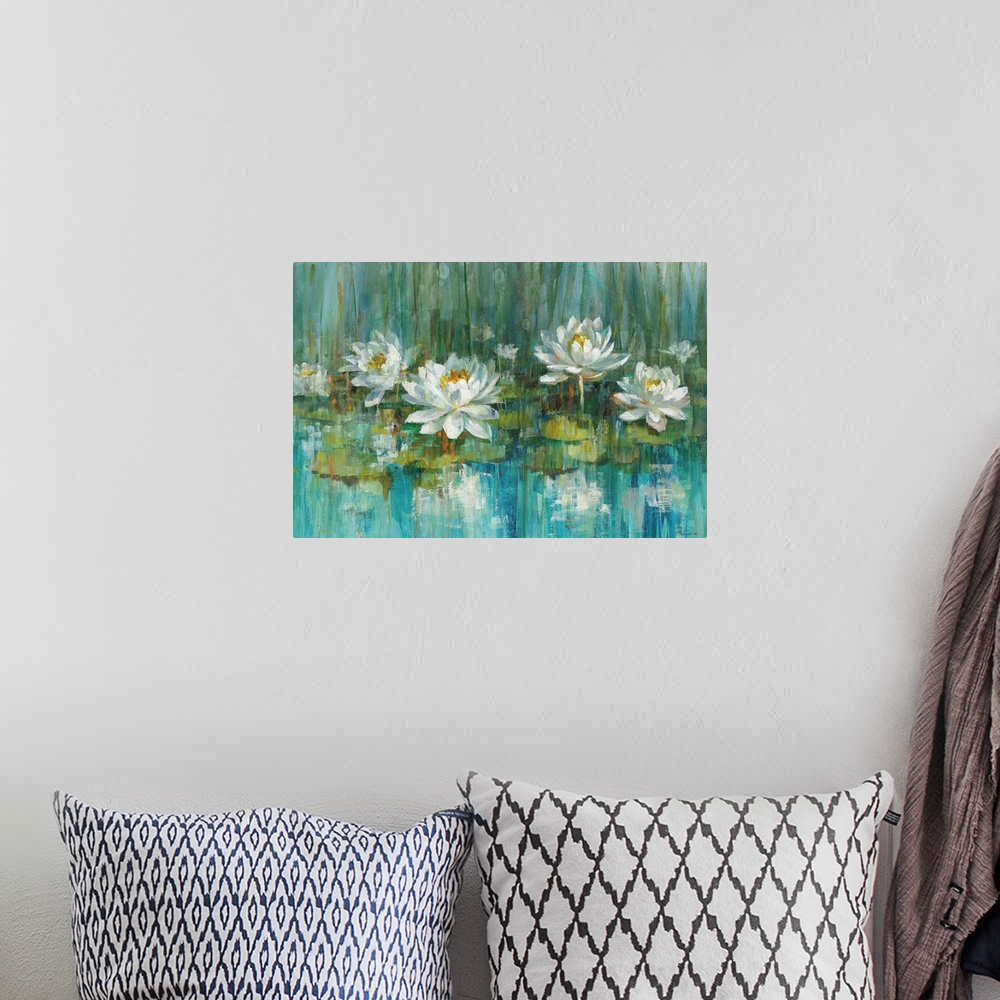 A bohemian room featuring Contemporary abstract painting of water lilies in a pond with beautiful blue and green hues.